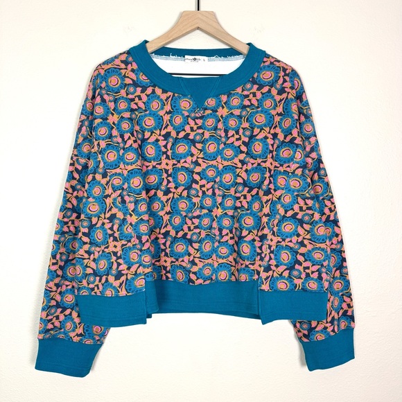 NEW Natural Life Selah Printed Sweatshirt Teal Floral Boxy Oversized Large - Picture 4 of 9